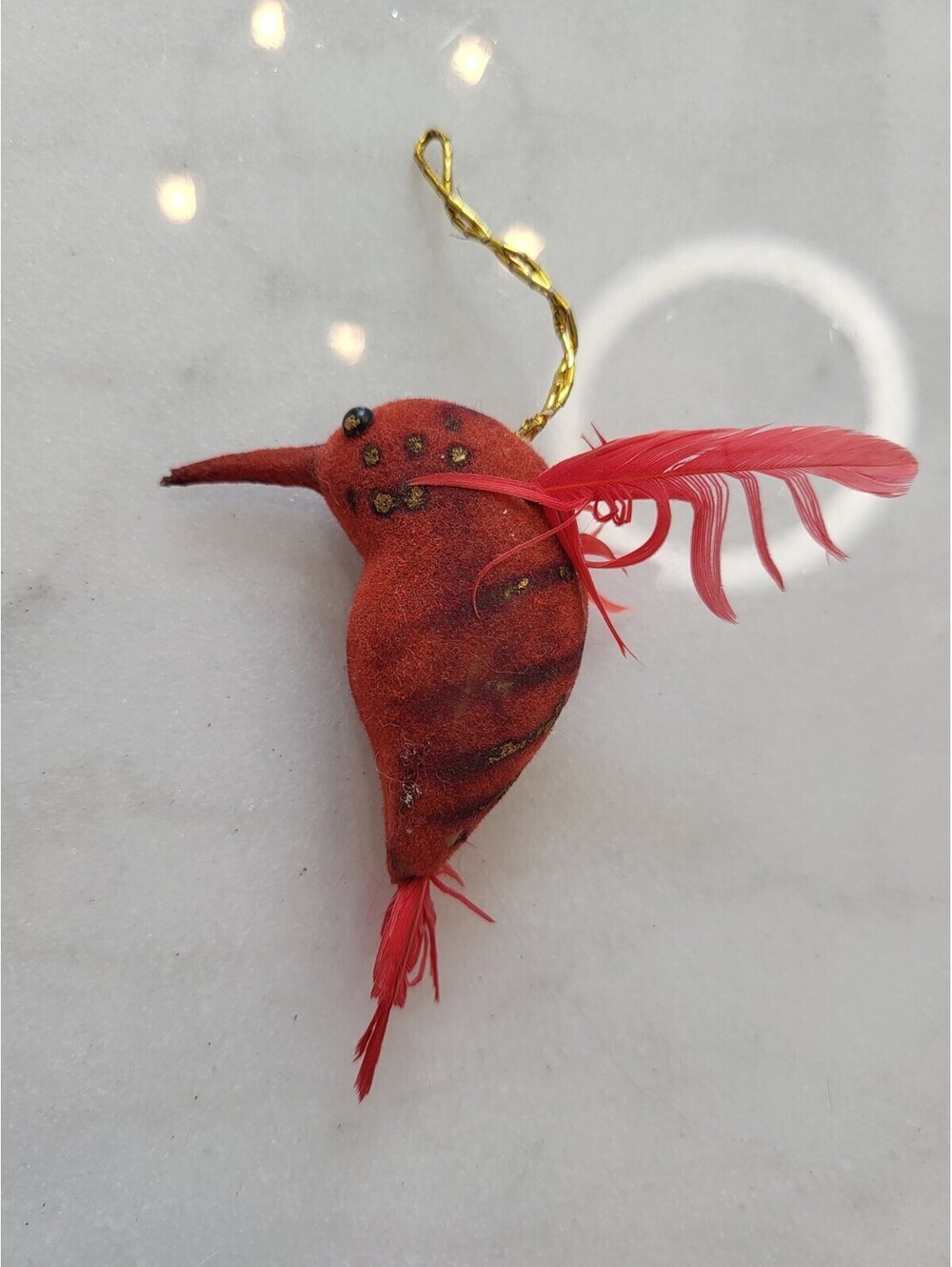 Vintage 1970s Christmas Ornament 3" Red Feathered Humming Bird Flying A34